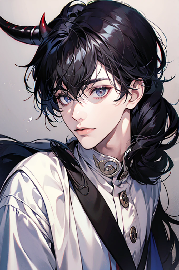 Boy with black horns black hair, eye white, long hair in the back and short in the front with long clothes