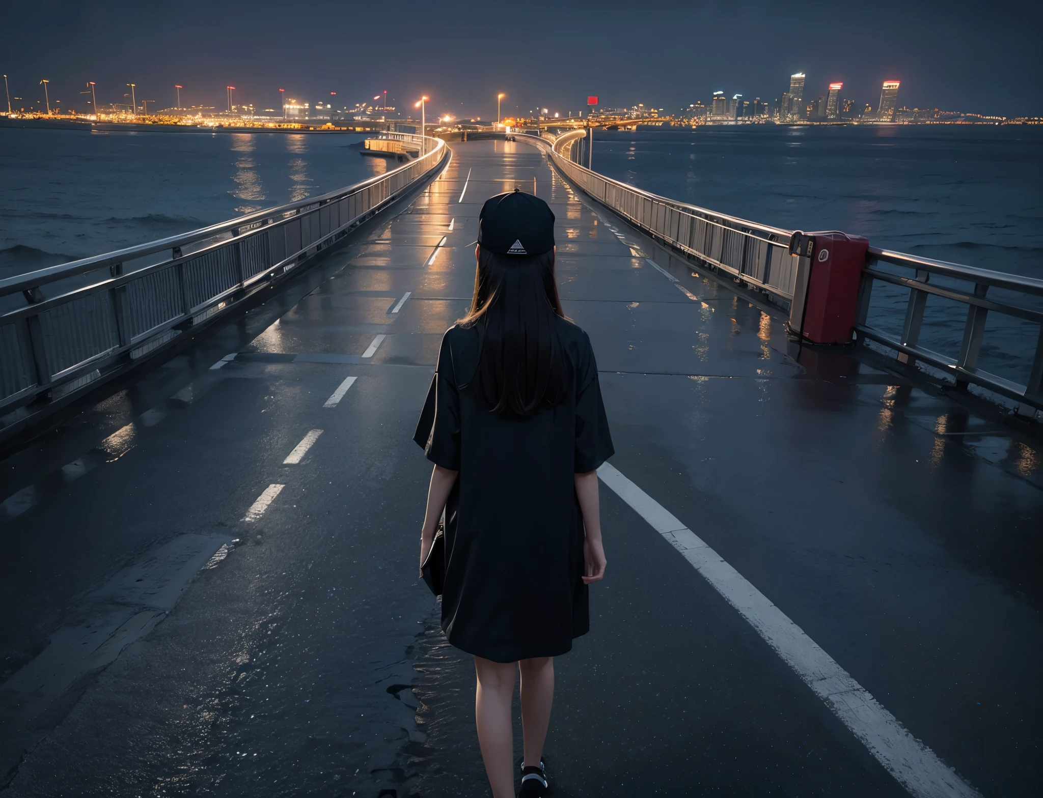 A beautiful girl,night,rain,Put on a baseball cap,Solitary,Walking on the cross-sea bridge,Back