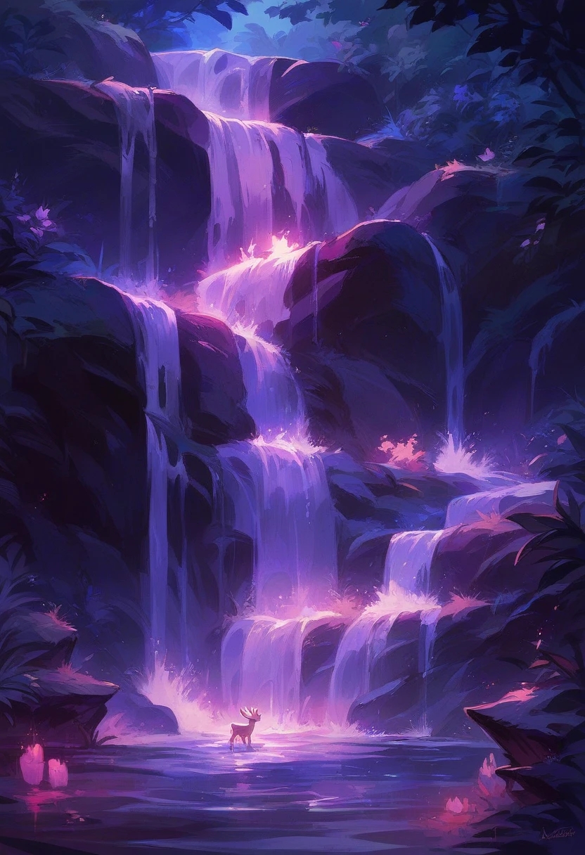 Keep this image same just change it's color and make it more beautiful and add deer near waterfall