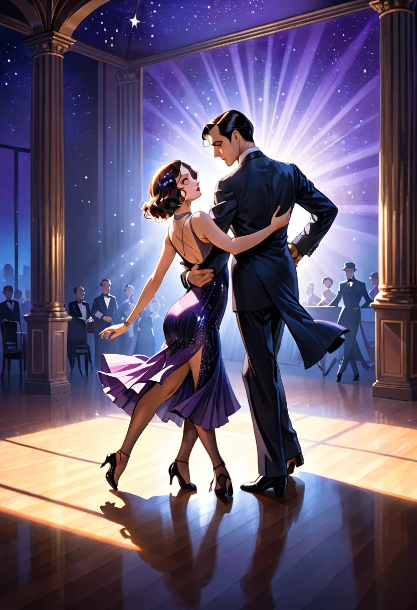 a man and woman dancing tango, art deco ballroom, 1920s, man facing forward, woman facing away from viewer, dancing the tango, woman is wearing a purple long tight dress, small stars are shining in the dark blue sky, dimly lit room, and shadows are cast on the eye sockets, making it impossible to read their expressions, detailed facial features, beautiful dress, formal attire, dramatic lighting, warm color palette, high-quality,