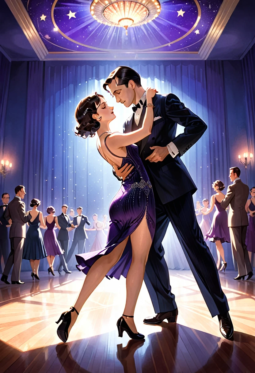 a man and woman dancing tango, art deco ballroom, 1920s, man facing forward, woman facing away from viewer, dancing the tango, woman is wearing a purple long tight dress, small stars are shining in the dark blue sky, dimly lit room, and shadows are cast on the eye sockets, making it impossible to read their expressions, detailed facial features, beautiful dress, formal attire, dramatic lighting, warm color palette, high-quality,