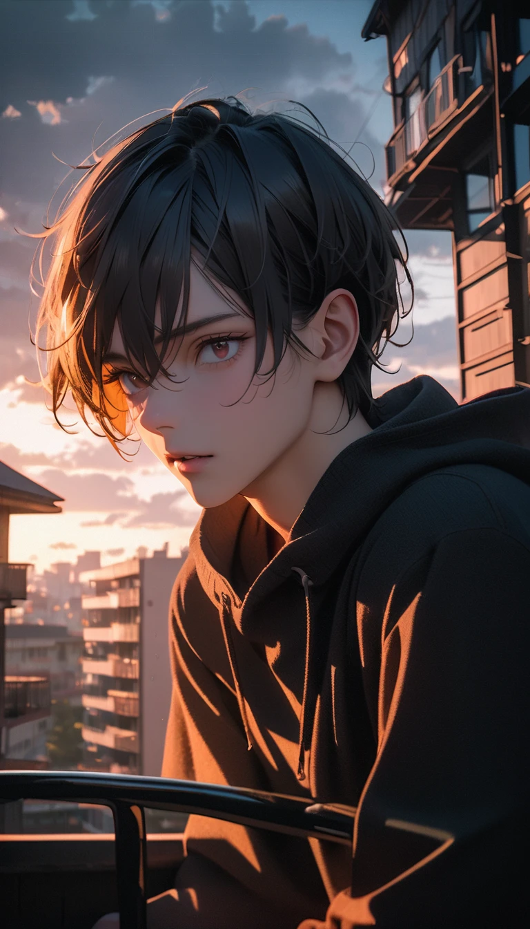 (8K, RAW photos, best quality, masterpiece: 1.4), (((Boy on bike))),Ultra-high resolution, Extremely detailed, light, closeup of arms, handsome boy, black eyes, (delicate eyes, Eyes are bright:1.2), Gray short hair, Fair skin,dark, Grey sweatshirt, sweatshirt with hood,(perfect anatomy:1.2), High-quality shadows, Natural Lighting, (White highlights:1.2), night, cloudy day, (Four-story residential building:1.2),(Call up:1.2)