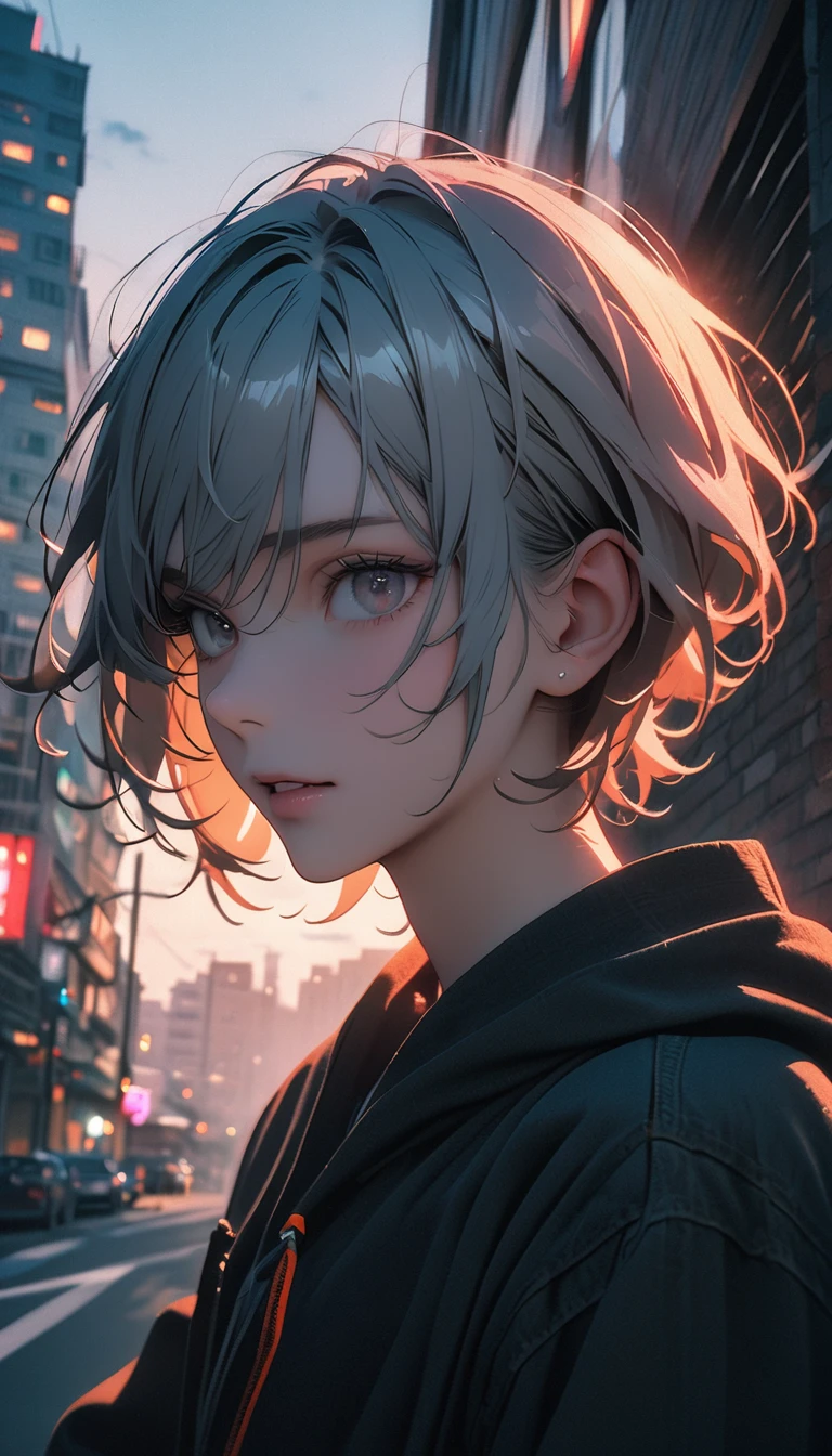 (8K, RAW photos, best quality, masterpiece: 1.4), (((Boy on bike))),Ultra-high resolution, Extremely detailed, light, closeup of arms, handsome boy, black eyes, (delicate eyes, Eyes are bright:1.2), Gray short hair, Fair skin,dark, Grey sweatshirt, sweatshirt with hood,(perfect anatomy:1.2), High-quality shadows, Natural Lighting, (White highlights:1.2), night, cloudy day, (Four-story residential building:1.2),(Call up:1.2)