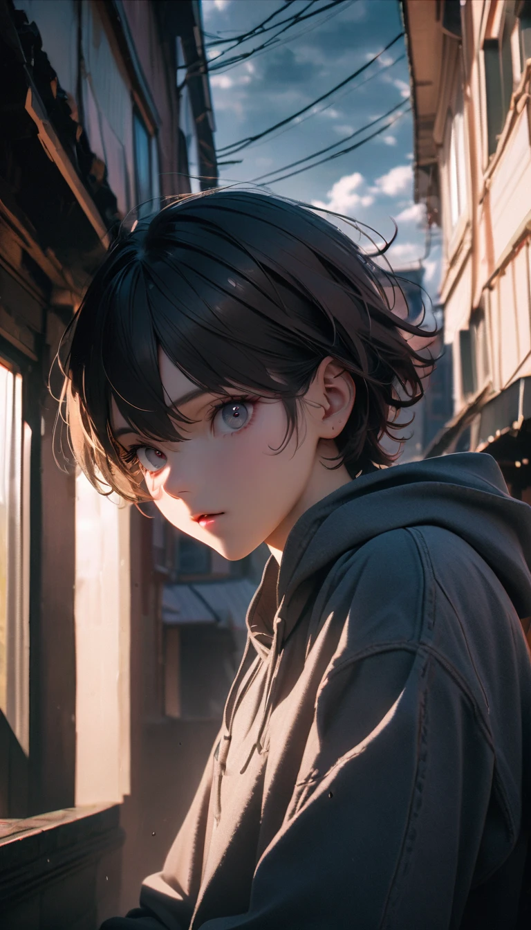 (8K, RAW photos, best quality, masterpiece: 1.4), (((Boy on bike))),Ultra-high resolution, Extremely detailed, light, closeup of arms, handsome boy, black eyes, (delicate eyes, Eyes are bright:1.2), Gray short hair, Fair skin,dark, Grey sweatshirt, sweatshirt with hood,(perfect anatomy:1.2), High-quality shadows, Natural Lighting, (White highlights:1.2), night, cloudy day, (Four-story residential building:1.2),(Call up:1.2)
