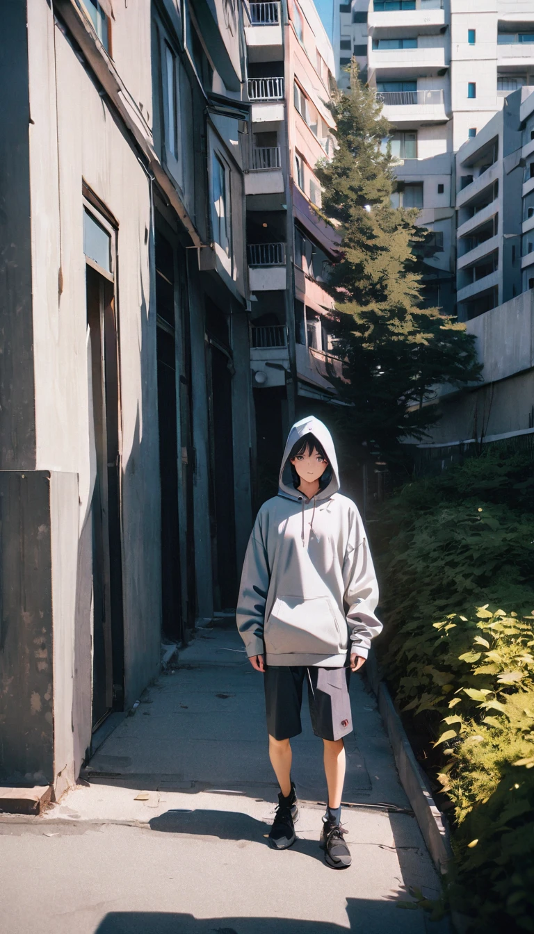(8K, RAW photos, best quality, masterpiece: 1.4), (((Boy on bike))),Ultra-high resolution, Extremely detailed, light, closeup of arms, handsome boy, black eyes, (delicate eyes, Eyes are bright:1.2), Gray short hair, Fair skin,dark, Grey sweatshirt, sweatshirt with hood,(perfect anatomy:1.2), High-quality shadows, Natural Lighting, (White highlights:1.2), night, cloudy day, (Four-story residential building:1.2),(Call up:1.2)