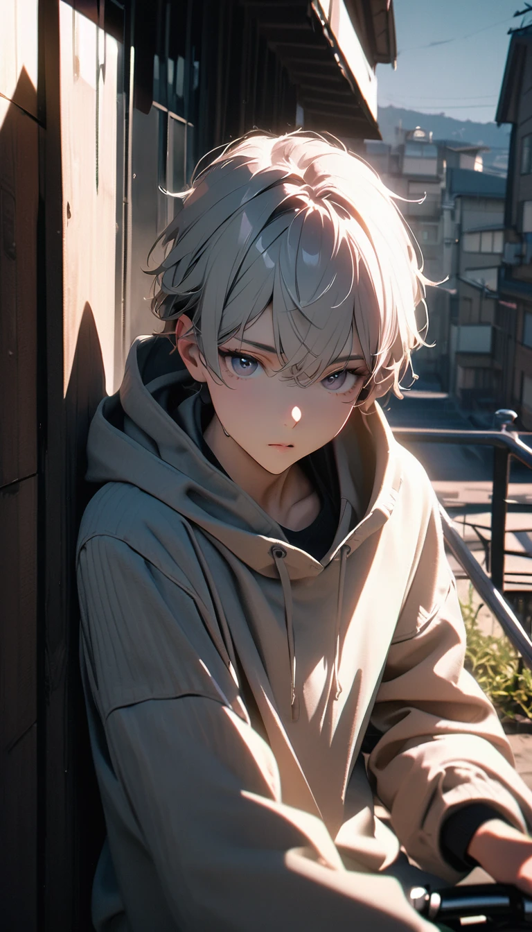 (8K, RAW photos, best quality, masterpiece: 1.4), (((Boy on bike))),Ultra-high resolution, Extremely detailed, light, closeup of arms, handsome boy, black eyes, (delicate eyes, Eyes are bright:1.2), Gray short hair, Fair skin,dark, Grey sweatshirt, sweatshirt with hood,(perfect anatomy:1.2), High-quality shadows, Natural Lighting, (White highlights:1.2), night, cloudy day, (Four-story residential building:1.2),(Call up:1.2)