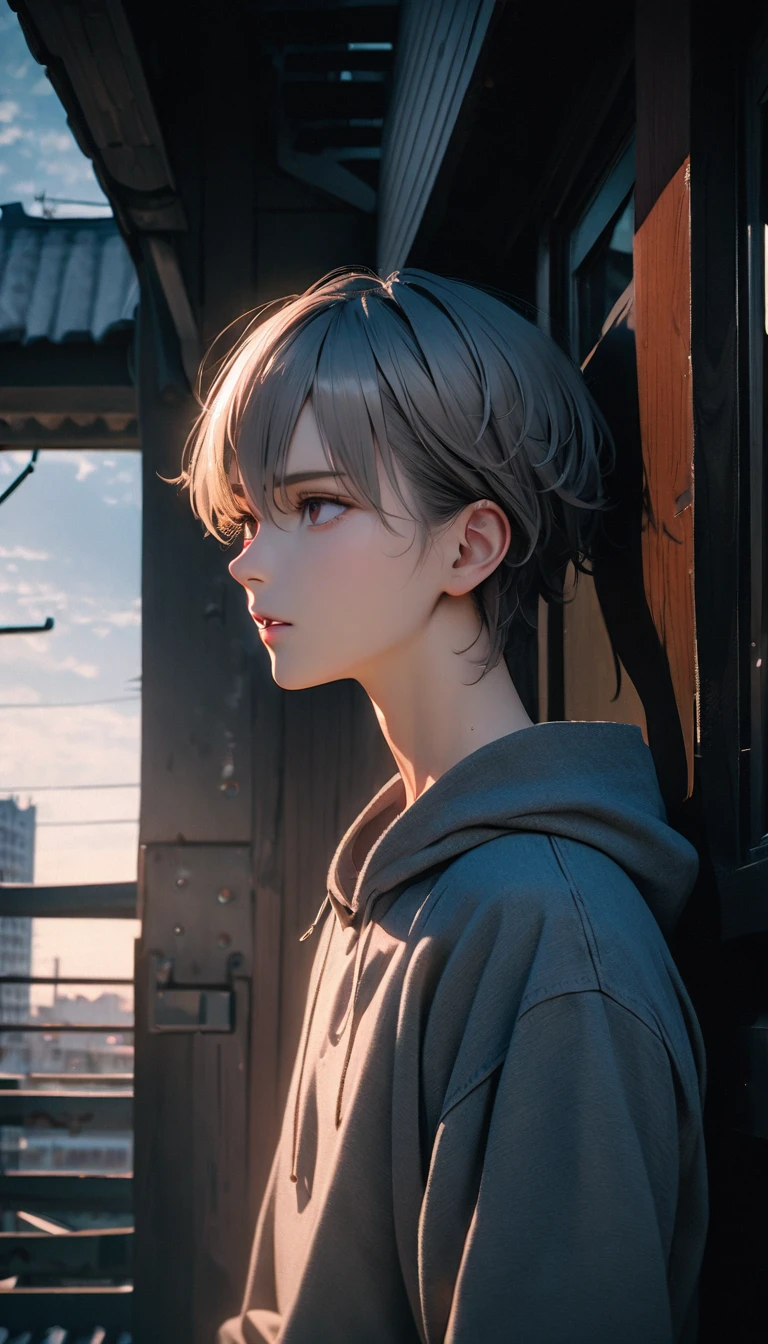 (8K, RAW photos, best quality, masterpiece: 1.4), (((Boy on bike))),Ultra-high resolution, Extremely detailed, light, closeup of arms, handsome boy, black eyes, (delicate eyes, Eyes are bright:1.2), Gray short hair, Fair skin,dark, Grey sweatshirt, sweatshirt with hood,(perfect anatomy:1.2), High-quality shadows, Natural Lighting, (White highlights:1.2), night, cloudy day, (Four-story residential building:1.2),(Call up:1.2)