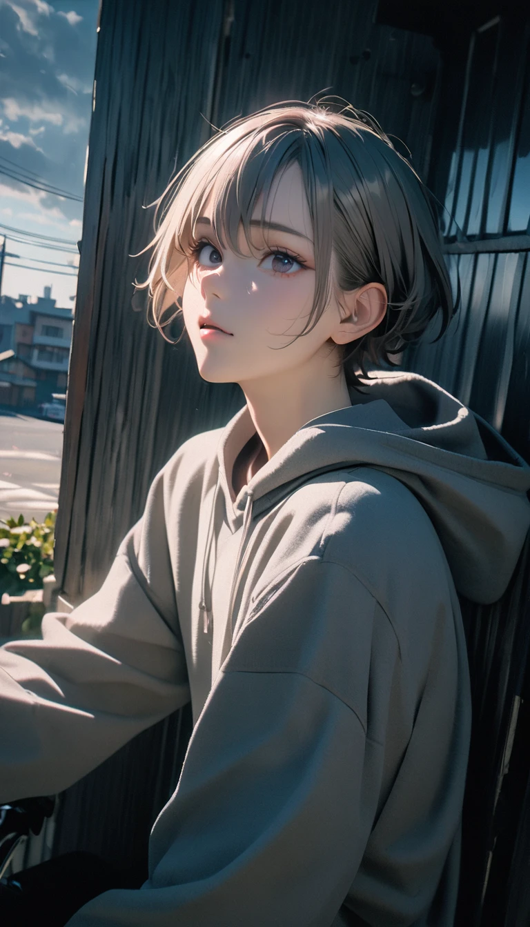 (8K, RAW photos, best quality, masterpiece: 1.4), (((Boy on bike))),Ultra-high resolution, Extremely detailed, light, closeup of arms, handsome boy, black eyes, (delicate eyes, Eyes are bright:1.2), Gray short hair, Fair skin,dark, Grey sweatshirt, sweatshirt with hood,(perfect anatomy:1.2), High-quality shadows, Natural Lighting, (White highlights:1.2), night, cloudy day, (Four-story residential building:1.2)