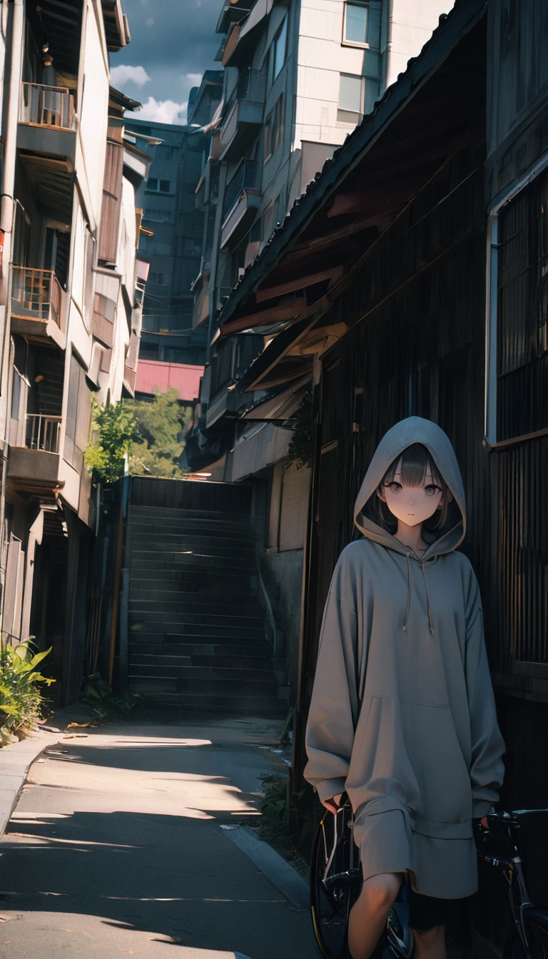 (8K, RAW photos, best quality, masterpiece: 1.4), (((Boy on bike))),Ultra-high resolution, Extremely detailed, light, closeup of arms, handsome boy, black eyes, (delicate eyes, Eyes are bright:1.2), Gray short hair, Fair skin,dark, Grey sweatshirt, sweatshirt with hood,(perfect anatomy:1.2), High-quality shadows, Natural Lighting, (White highlights:1.2), night, cloudy day, (Four-story residential building:1.2),(Call up:1.2)