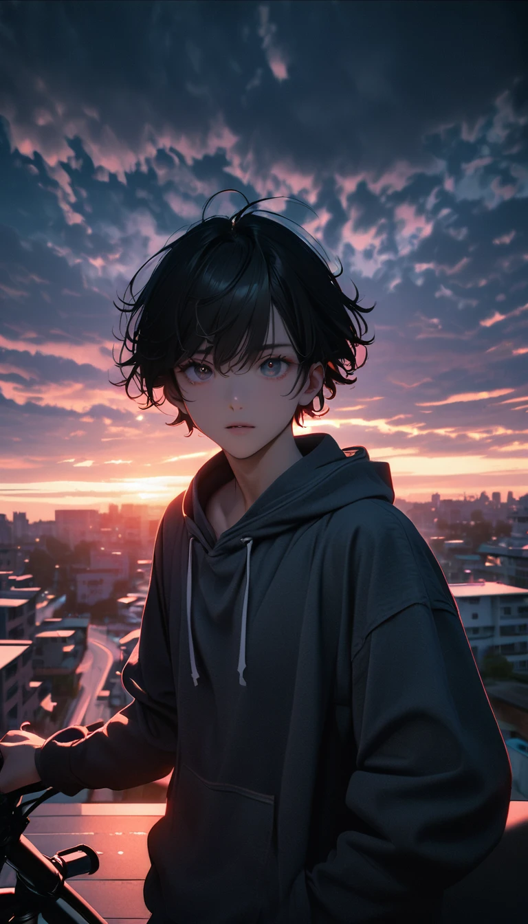 (8K, RAW photos, best quality, masterpiece: 1.4), (((Boy on bike))),Ultra-high resolution, Extremely detailed, light, closeup of arms, handsome boy, black eyes, (delicate eyes, Eyes are bright:1.2), Gray short hair, Fair skin,dark, Grey sweatshirt, sweatshirt with hood,(perfect anatomy:1.2), High-quality shadows, Natural Lighting, (White highlights:1.2), night, cloudy day, (Four-story residential building:1.2),(Call up:1.2)