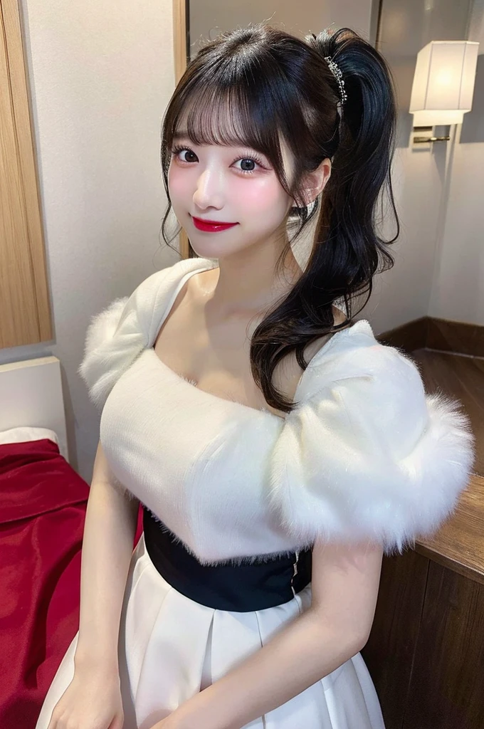 最high quality,Very detailed,finely,High resolution,8K壁紙,Perfect dynamic composition,Young Japanese Woman,Age 25, Black Hair, thin, 4K, 8K, high quality, beauty, smile, White teeth,Beautiful Eyes, Characterized by simplicity, High resolution,1 person,Japanese Idols,Large Breasts,ponytail,地雷make,Red cheeks,whole body,dresser,make,makeup,lipstick,Fluffy dresses,White clothes