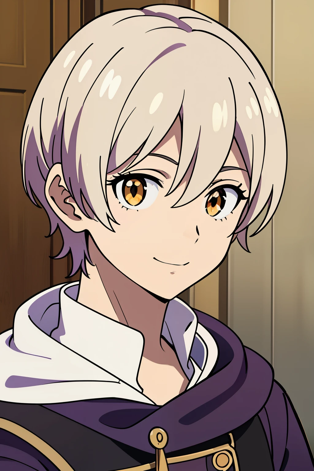 (high-quality, breathtaking),(expressive eyes, perfect face) portrait, 1boy, male, solo, , age 6, white hair, orange eye color, short hair length, soft spiky hair, gentle smile, side bangs, looking at viewer, portrait, happy expression, fantasy clothing, white shirt, purple hooded coak, elegant, cute, , height 3"3, clothes Robin fire emblem awakening