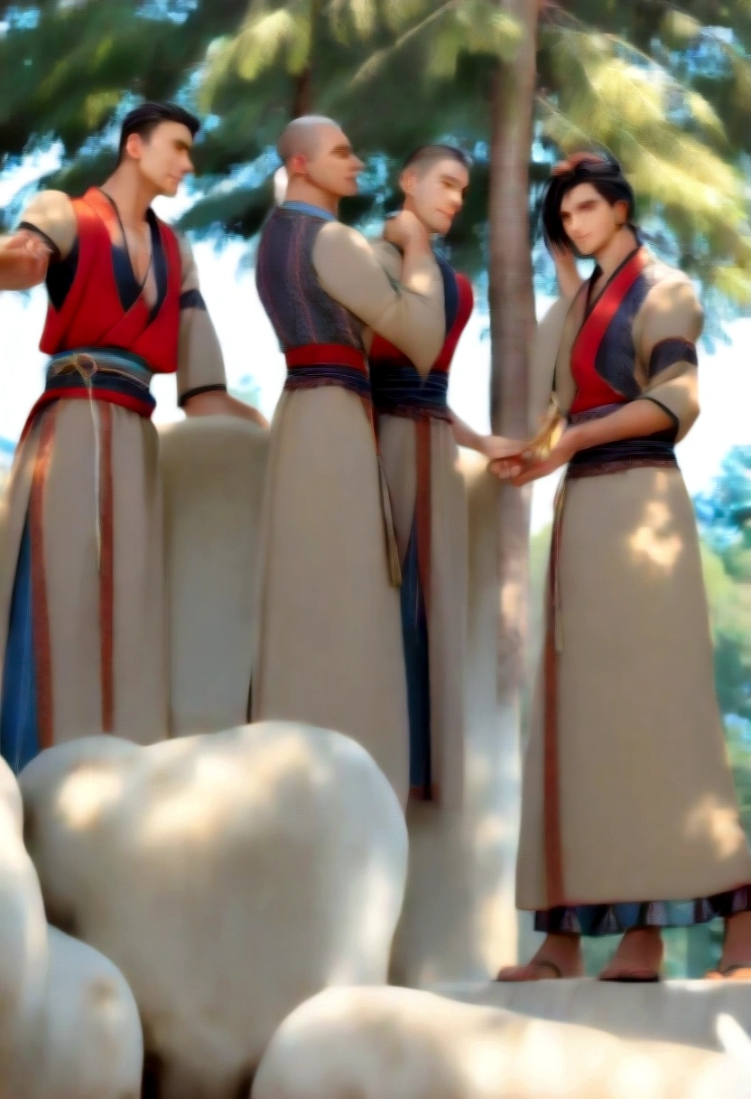 Create a high-resolution image of three young men posing together outdoors. Two of the men should be wearing blue traditional clothing, while the third man wears beige traditional clothing. The men should have relaxed, friendly expressions, with the two men on the ends each placing one hand on the head of the man in the middle. The background should include natural elements like trees, providing a casual and vibrant atmosphere.