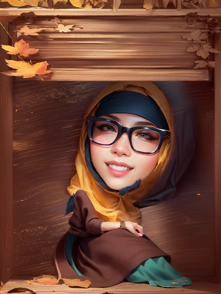 cartoon hijab woman in a wooden box with a A writing board covered with leaves on top, cartoon portrait, inspired by JoWOnder, caricature illustration, close up potrait, inspired by Basuki Abdullah, portrait shot, proffesional illustration, inspired by Shaddy Safadi, cartoon style illustration, cute woman, high quality portrait, book portrait, cartoon artstyle, professional illustration, potrait