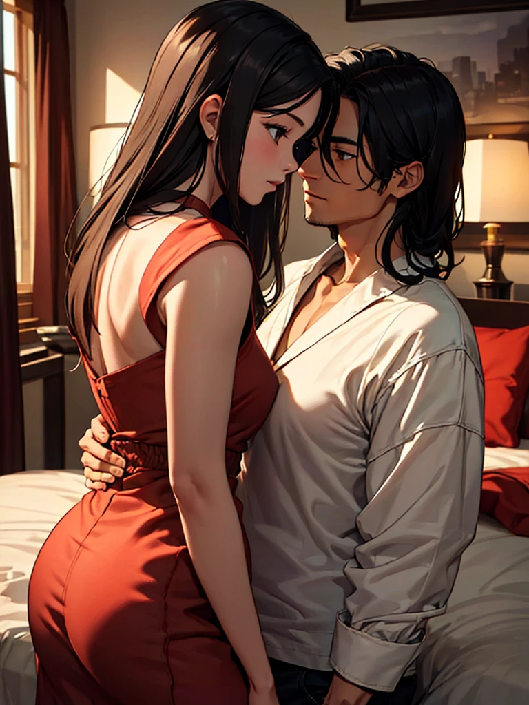 (masterpiece、top-quality、hight resolution), In a hotel room, a mature woman and a young man are facing each other in a serious conversation. The woman is a little nervous, but happy that her sexuality is enough to entice the man. The woman is giving the man final confirmation that he is her first sex partner. She says, "I'm an old lady in your eyes, is that OK? My first time is with an old lady like me..." The atmosphere of the room is cozy and private, emphasizing the importance of the moment and their emotional connection. nsfw, 30 years old