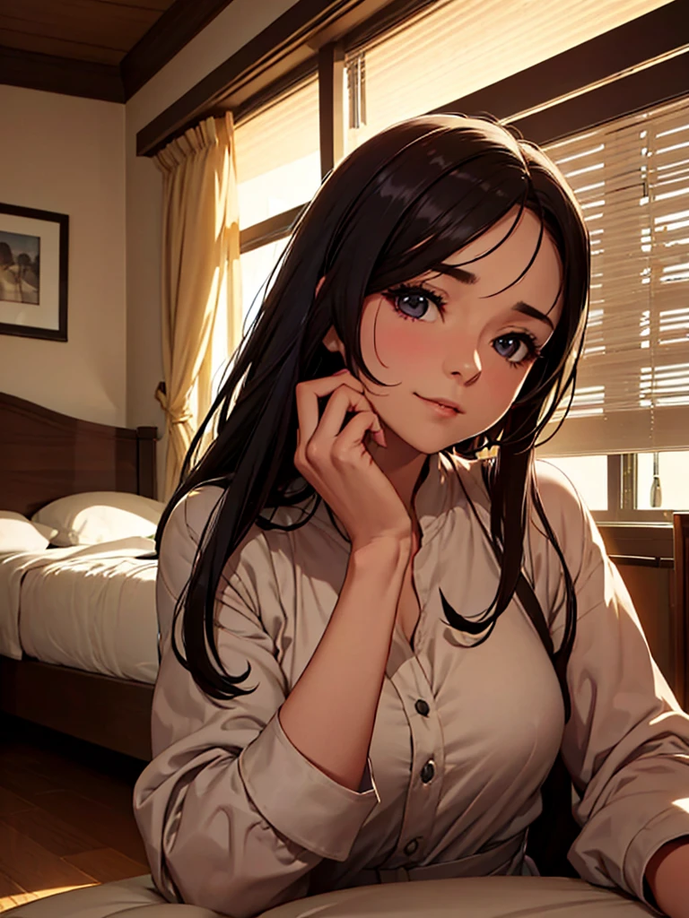 masterpiece, best quality, 32k, incredibly absurdres, extremely detailed, delicate texture, beauty, 1 woman, wholesome girl, 21 years old, perfect anatomy, black hair, honey skin color, pretty eyes, black wavy hair, pijama, sleepover vibes, room background, in bed, pretty smile, eyes smiling,