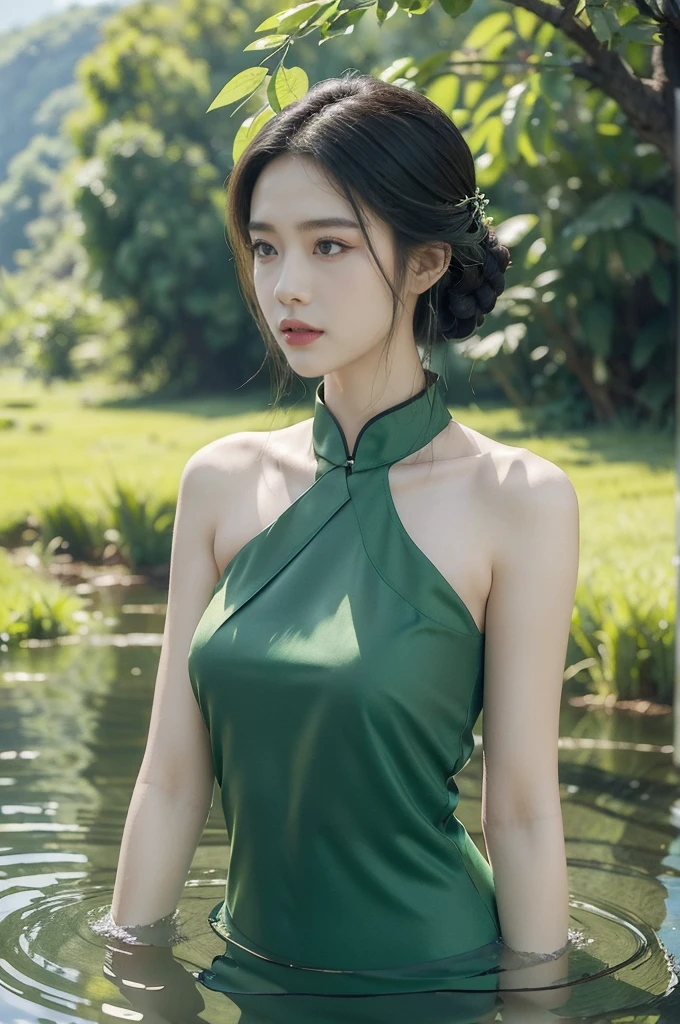 (((best quality))),(((ultra detailed))),(((masterpiece))),illustration,1 beautiful girl,slim,flat chest,short red qipao,bare arms,standing in green paddy pool,upper body,elegant, clear sky, sunlight, dreamy, contrast, natural,Chinese rural landscape,The body below the neck is in water