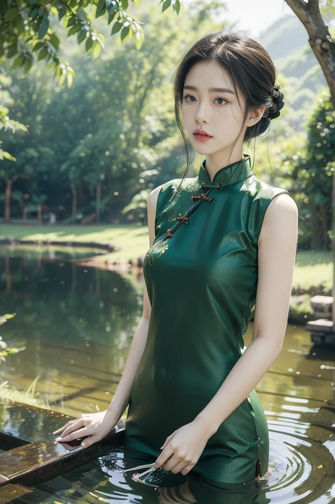(((best quality))),(((ultra detailed))),(((masterpiece))),illustration,1 beautiful girl,slim,flat chest,short red qipao,bare arms,standing in green paddy pool,upper body,elegant, clear sky, sunlight, dreamy, contrast, natural,Chinese rural landscape,The body below the neck is in water