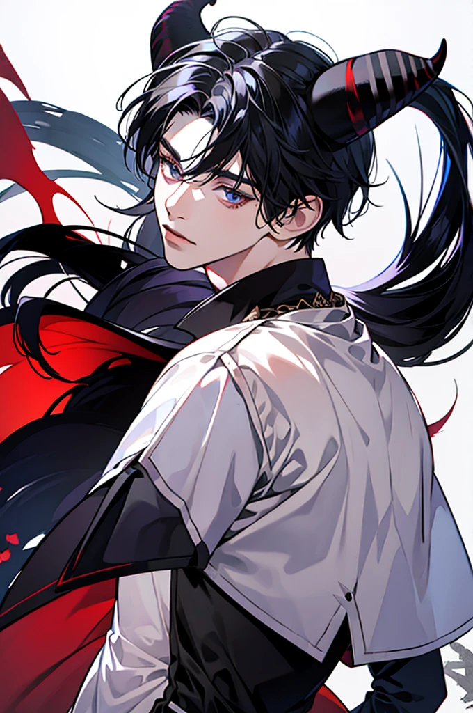 Boy with black horns black hair, eye white, long hair in the back and short in the front with dragon ears