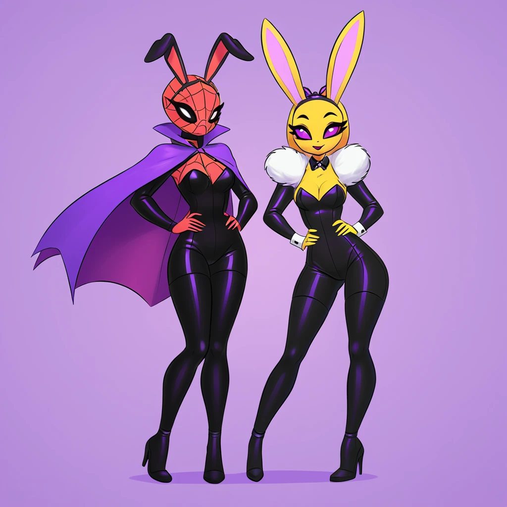 Spider-Queen dressed in a bunny costume with bunny ears full body black jumpsuit with yellow and a purple cape