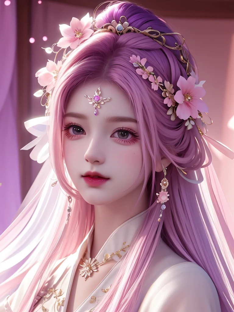 best quality, masterpiece, High target, There is a girl with a basket of flowers on her head, beautiful clothes, Hair Decorationss, necklace, Decorations, Pretty Face, When the body, Tyndall effect, Realistic Portraits, Edge lighting, Two-color light, (Very delicate skin:1.2), 8K uhd, Digital SLR Camera, Soft Light, high quality, Volumetric Lighting, Honest, photo, high resolution, 4K, 8K, Bokeh, Purple hair,pink hair tips, Pink Eyes.