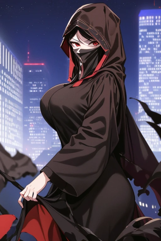 NNAssassinFSF, 1girl, solo, large breasts, black hair, red eyes, long sleeves, dress, hood, long skirt, black dress, cape, black cloak, hood up, black robe, covered mouth, hooded cloak, ((masterpiece,best quality)) cowboy shot, city, park, night