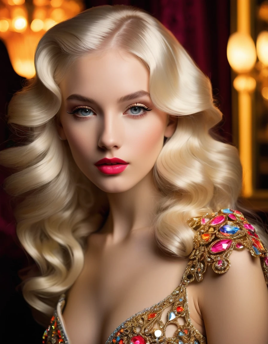 scandalous and ironic pin-up style poster, beautiful 16-year-old blonde girl in a provocative pose, intricate details, glamorous retro style, bright colors, dramatic lighting, vintage aesthetic, whimsical and playful, exaggerated feminine features, seductive expression, confident and seductive, Hyper-realistic, photographic quality, masterful drawing, Cinematic composition, cut-off lighting, Luxurious background, luxury decor, Exquisite style, Fabulous atmosphere