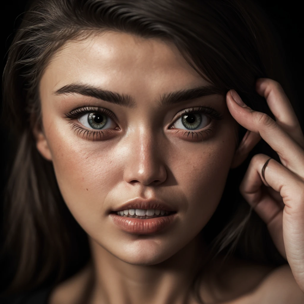 (close-up, editorial photograph of a 21 year old gigi hadid,POV, by lee jeffries, nikon d850, film stock photograph ,4 kodak portra 400 ,camera f1.6 lens ,rich colors ,hyper realistic ,lifelike texture, dramatic lighting , cinestill 800,), (highly detailed face:1.4), perfect eyes, realistic iris, perfect teeth, (smile:0.7), (background inside dark, moody, private study:1.3) , red eyes