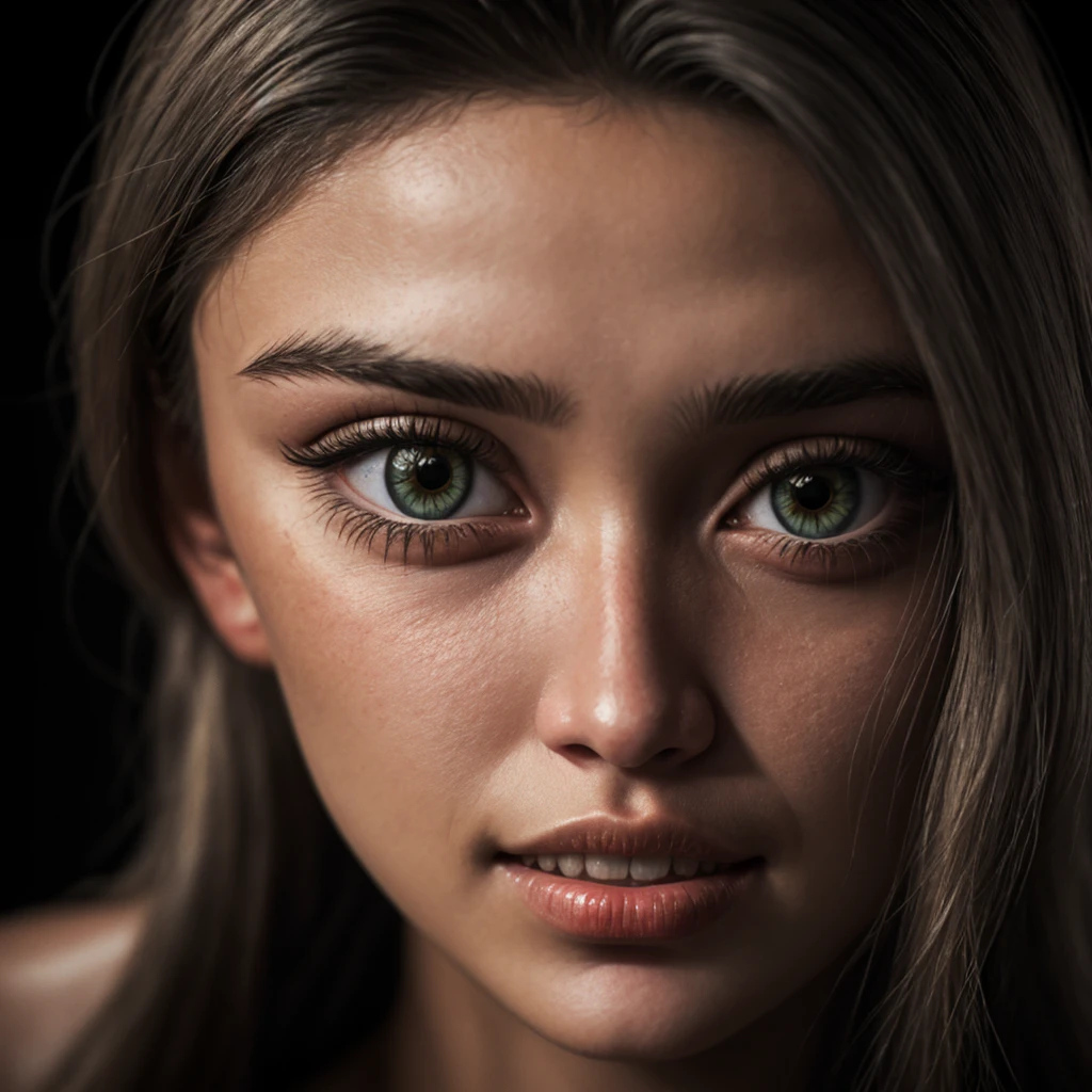 (close-up, editorial photograph of a 21 year old gigi hadid,POV, by lee jeffries, nikon d850, film stock photograph ,4 kodak portra 400 ,camera f1.6 lens ,rich colors ,hyper realistic ,lifelike texture, dramatic lighting , cinestill 800,), (highly detailed face:1.4), perfect eyes, realistic iris, perfect teeth, (smile:0.7), (background inside dark, moody, private study:1.3) , red eyes