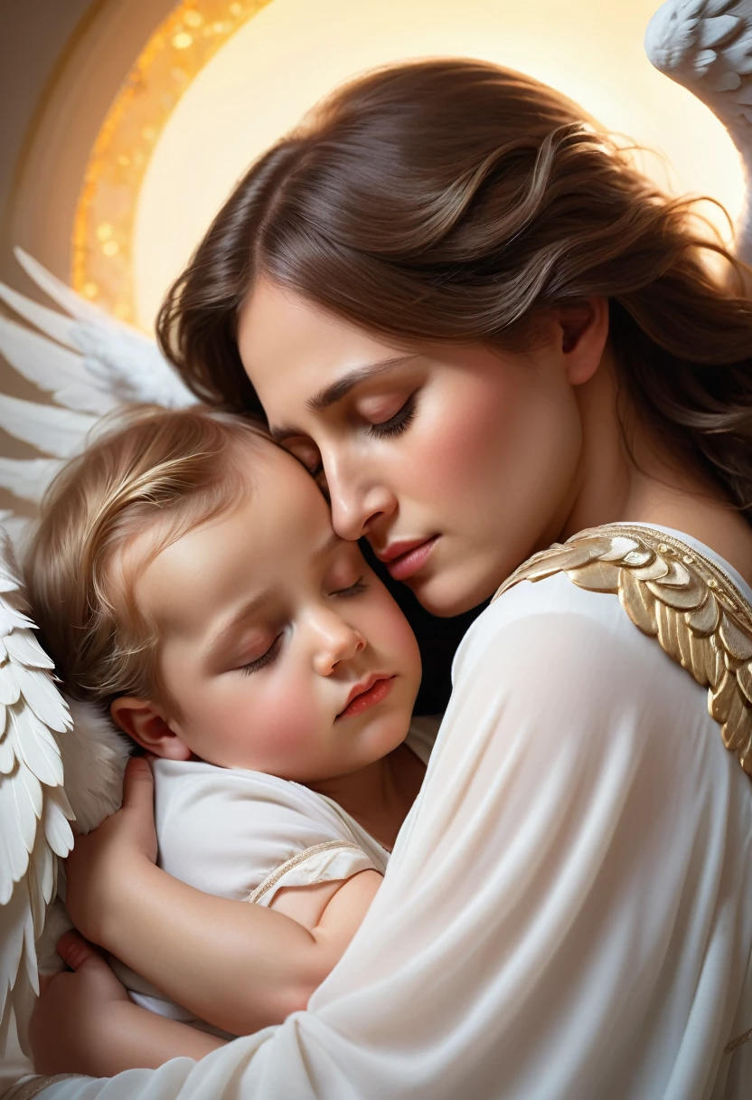 (Highest quality,4K,High resolution),Sleeping with mother,Angel Guardian,Peaceful atmosphere,Soft lighting,Bidding bonds,Calm,Cautious eyes,Sleeping innocence,A Mother’s Love,Angel's wing,Lullaby in the Air,Blissful Dreams,Calm and soothing,Angelic Presence,Guardian spirit,endless love,Protective hug,A gentle touch,peaceful sleep,Quiet landscape,Shine,The Ecstasy of Sleep,The ultimate tranquility,Dreamy warmth,Unconditional love,Precious moments,Safe and secure,Heavenly Protection,Mother's touch,A sacred connection,Celestial Guardian,Eternal bonds,Peace of mind,A Mother’s Love,天上のPeaceful atmosphere,Eternal Peace