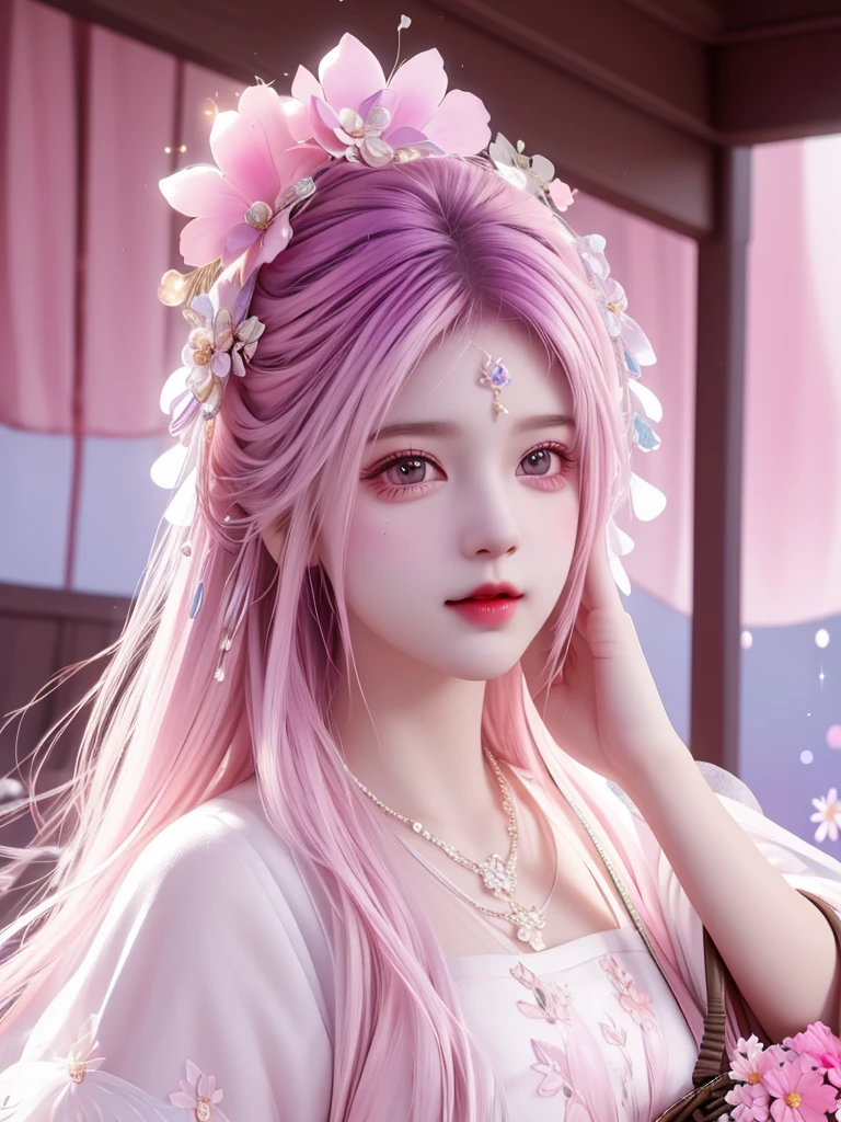 best quality, masterpiece, High target, There is a girl with a basket of flowers on her head, beautiful clothes, Hair Decorationss, necklace, Decorations, Pretty Face, When the body, Tyndall effect, Realistic Portraits, Edge lighting, Two-color light, (Very delicate skin:1.2), 8K uhd, Digital SLR Camera, Soft Light, high quality, Volumetric Lighting, Honest, photo, high resolution, 4K, 8K, Bokeh, Purple hair，pink hair tips, Pink Eyes.