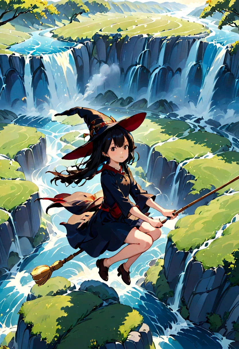 View from above、Pretty girl warrior、Beautiful girl magician in front of a waterfall、Riding the magic wand、flying、The girl&#39;s hands are tightly holding onto the magic wand.、魔法の杖にお尻を乗っけてflying