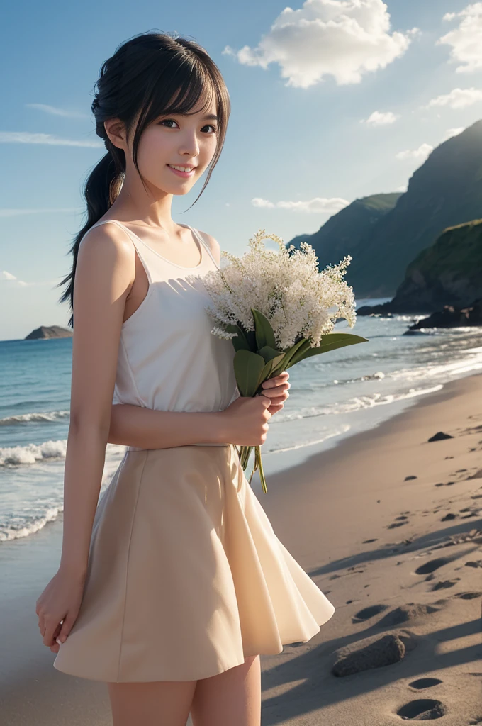 (masterpiece), (Highest quality), (Super detailed),(Best Shadow:0.4), (Best illustrations), (Very delicate and beautiful), Realistic, Dramatic lighting, In detail, One girl, alone, (shioi:1.5), (Shio-chan:1.5), The L Word, Sparkling Beach, Detailed landscape, blue sky, White cloud, sunlight, Diffraction Spikes, walking, (White camisole:1.22), White Skirt, (In detaileD iris), smile, :D, Short Ponytail, (Dark Skin:0.3), (Tan Lines:1.3), The legs are off the frame, Holding bouquet, Holding, Dark brown eyes