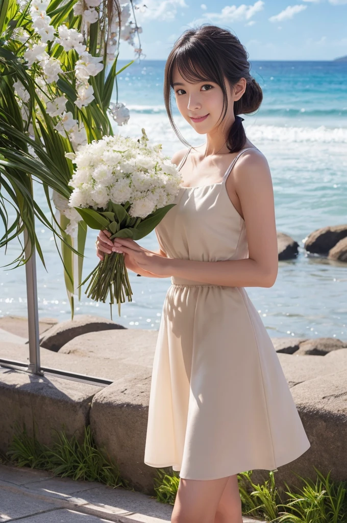 (masterpiece), (Highest quality), (Super detailed),(Best Shadow:0.4), (Best illustrations), (Very delicate and beautiful), Realistic, Dramatic lighting, In detail, One girl, alone, (shioi:1.5), (Shio-chan:1.5), The L Word, Sparkling Beach, Detailed landscape, blue sky, White cloud, sunlight, Diffraction Spikes, walking, (White camisole:1.22), White Skirt, (In detaileD iris), smile, :D, Short Ponytail, (Dark Skin:0.3), (Tan Lines:1.3), The legs are off the frame, Holding bouquet, Holding, Dark brown eyes