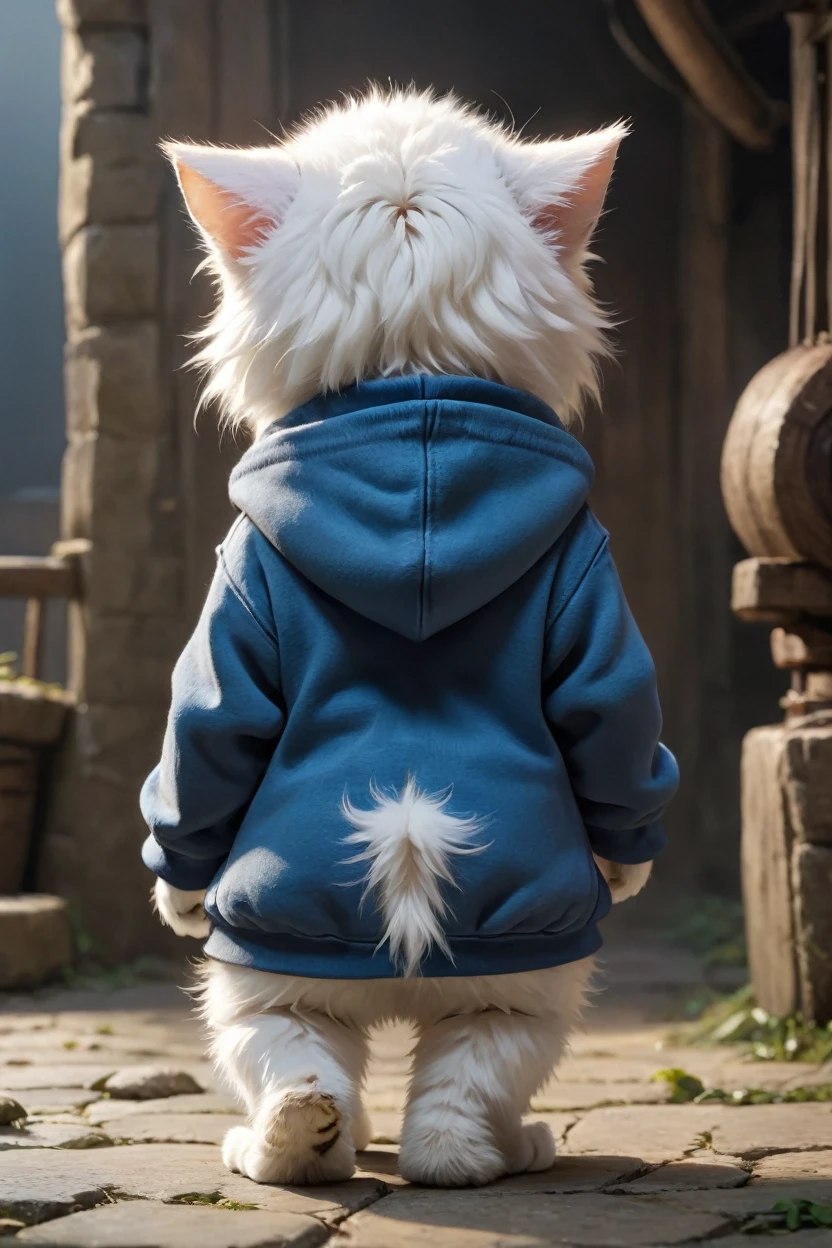 small, かわいいbornき物, Wearing a hoodie, whole body, From behind, Are standing, Costumes, Fantasy art, Exquisite detail, Jean-Baptiste Monge Style, Alan Lee Style, Anthropomorphic blue-eyed white furry kitten, Movie Scenes, Dramatic shot angles, , Realistic, born々Amazing cinematic photorealism, Action Portrait, 8K, detailed, Full Frame