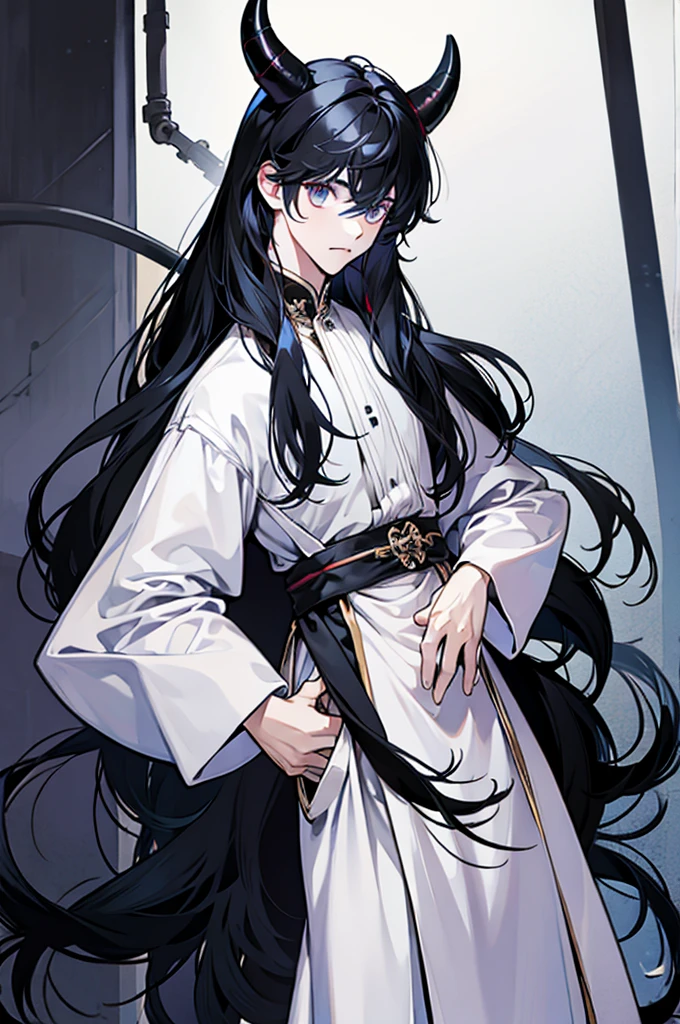 Anime male with black hair and blue eyes with white clothes and a black throne with blue