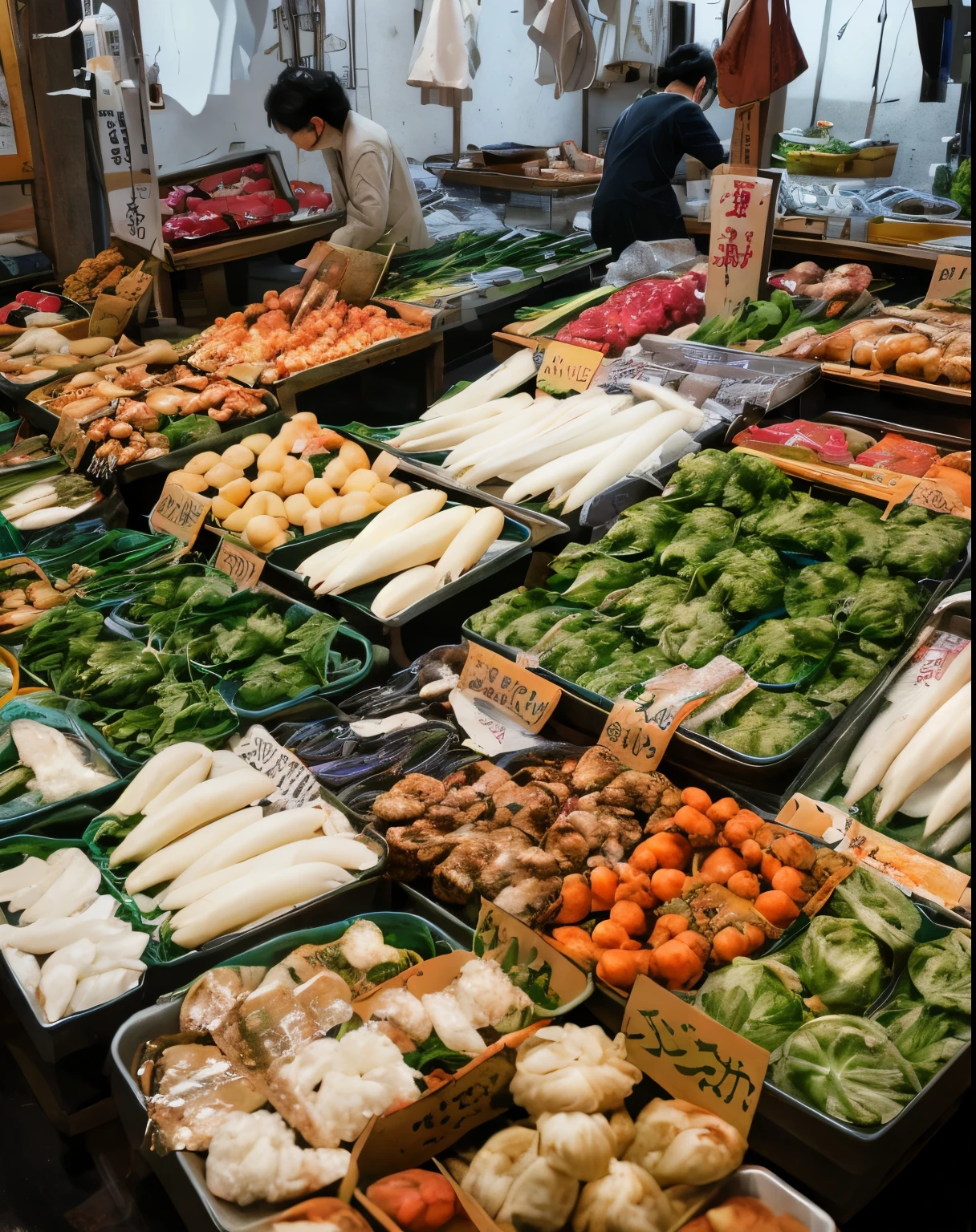Half-length photo (Moon inflammation_of_20230529_0946-5000:0.80) Moon inflammation20230529 posing in an indoor market in Japan tngh, fruit stand, Vegetable stand, Fish stand. Dramatic Lighting, RAW photos, 8K Ultra HD, high quality, 非常细致of皮肤, Portrait 400
