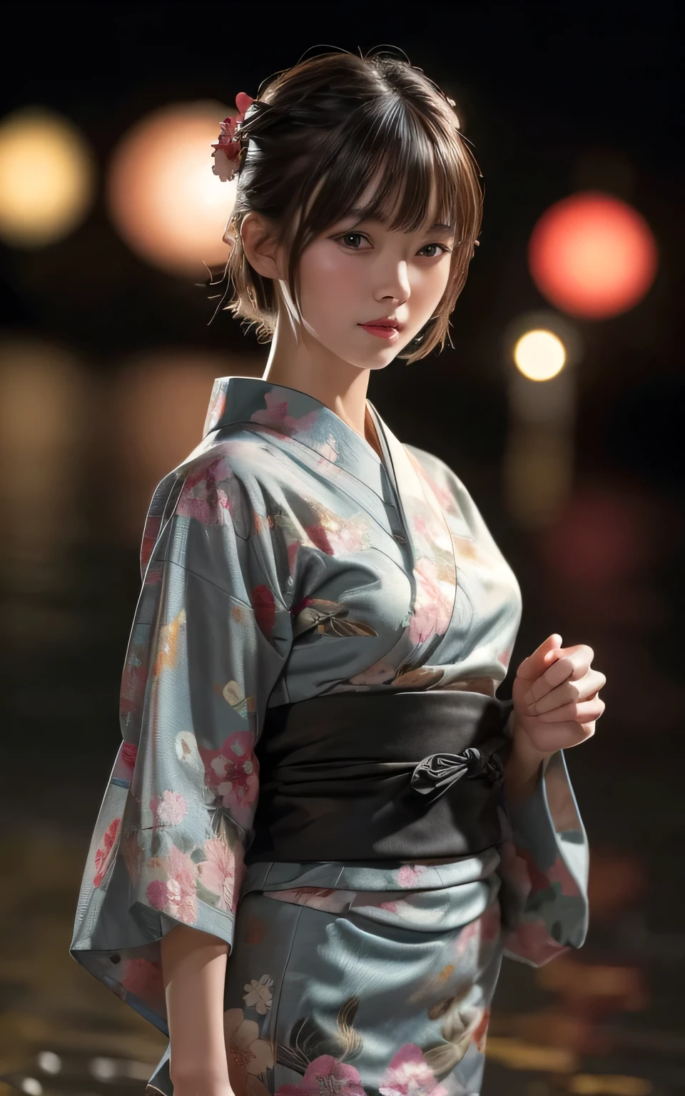 (8K, Highest quality, masterpiece:1.2), (Realistic, Realistic:1.37), Very detailed, 1 Girl,cute,alone,Slender beauty,Browsing Caution,(Floral Yukata:1.13),Beautiful details,Short Bob: 1.2),Floating Hair , night、firework、