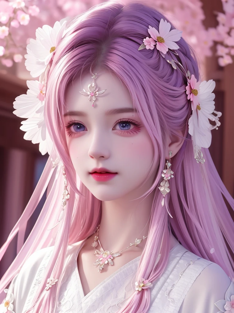 best quality, masterpiece, High target, There is a girl with a basket of flowers on her head, beautiful clothes, Hair Decorationss, necklace, Decorations, Pretty Face, When the body, Tyndall effect, Realistic Portraits, Edge lighting, Two-color light, (Very delicate skin:1.2), 8K uhd, Digital SLR Camera, Soft Light, high quality, Volumetric Lighting, Honest, photo, high resolution, 4K, 8K, Bokeh, Purple hair，pink hair tips, Pink Eyes.