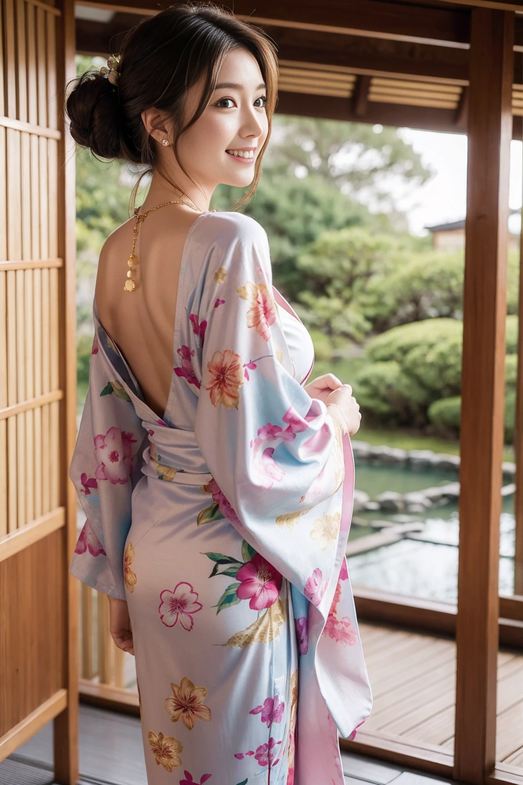Highest quality,8K, Detailed facial depiction, Detailed description of the eyes,One Woman, Light brown hair(Medium-long hair),Hair tied up,Beautiful Japanese Girl,24-years-old,Cute eyes,Cute Smile,Yukata beauty,Golden floral yukata,Lace underwear,String panties,Slender body, Large, plump breast size, Long and beautiful legs,Smiling, Colorful earrings,necklace,Are standing,Beautiful nape,Japan tatami room,Feminine gestures,Dry landscape garden,wind chimes,Beautiful back view,Her yukata is open, revealing her beautiful shoulders.,Beautiful woman looking back
