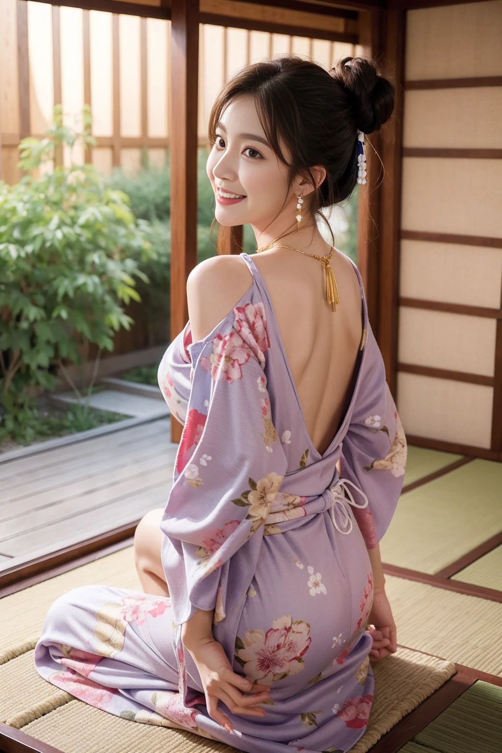 Highest quality,8K, Detailed facial depiction, Detailed description of the eyes,One Woman, Light brown hair(Medium-long hair),Hair tied up,Beautiful Japanese Girl,24-years-old,Cute eyes,Cute Smile,Yukata beauty,Golden floral yukata,Lace underwear,String panties,Slender body, Large, plump breast size, Long and beautiful legs,Smiling, Colorful earrings,necklace,Are standing,Beautiful nape,Japan tatami room,Feminine gestures,Dry landscape garden,wind chimes,Beautiful back view,Her yukata is open, revealing her beautiful shoulders.,Beautiful woman looking back
