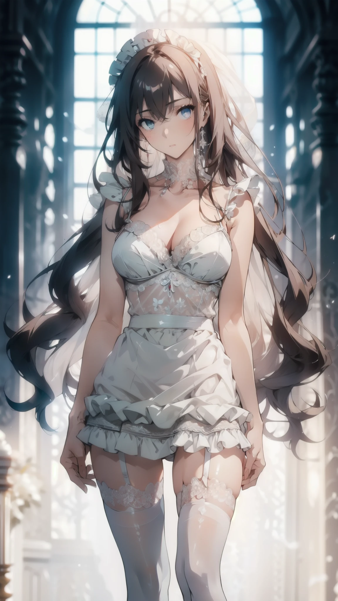((masterpiece, best quality)), Delicate face，Maid，whole body，Long legs，Large Breasts，Gradient long wavy hair，Perfect body proportions，beautiful eyes，Extremely beautiful，transparent， Pure white background，Erotic_lingerie，Nude，Lace，Garter stockings