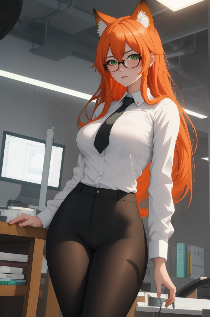 (masterpiece, Best quality), 8K, ultra detailed, realistic photo, Detailed face, perfect lighting, green eyes, bright orange hair, bright hair, fox ears, nice legs, side photo, beautiful, Cute, skin pores, 1 girl, perfect shirt, fully dressed, beautiful women 30 years old, Beautiful proportions, Russian woman, Caucasian, European, Business lady, stunningly beautiful woman, mother, thick legs, show ass, big breasts, (Thin white shirt:1.4), thick, hot, (White Office Wear:1.4), tight pants, (wide hips:1.2), thick, (white Office pants:1.3), spread your legs, Legs open, full length, wide hips, Glasses, with long orange hair, standing on the beach near the ocean, green eyes detailed digital anime art, cat ear, anime girl with long hair, гладкое аниме cg art, anime girl with long hair, digital anime art, work in Guweiz style, Beautiful anime portrait, Photorealistic render of an anime girl, pantyhose, Beautiful anime girl, advanced digital anime art, guweiz на artstation pixiv HD UHD HQ
