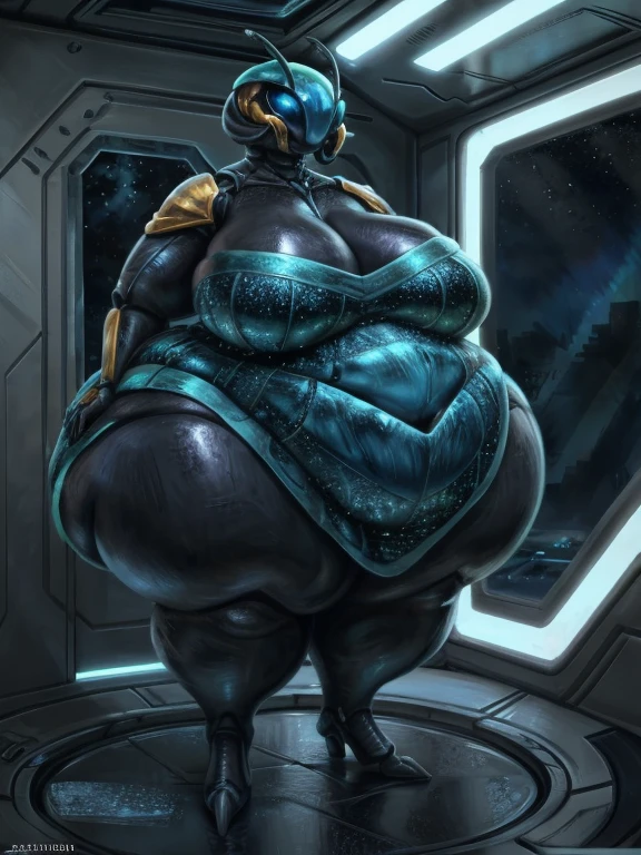 breathtaking alla prima oil painting, masterpiece, best quality, an obese anthropomorphic insect girl standing in a spacious bedroom on a spaceship, insect, large eyes, compund eyes, black skin with blue shine, mandibles, chitin shell, huge breasts, massive breasts, huge ass, wide hips, fat belly, colored skin, black skin with a dark blue shine, metallic skin, anttenae, alien, arthropod, tall, very tall, strong, cyan dress, wearing a dress, (dress), curvy, voluptous, thick, thicc, obese, ssbbw, ussbbw, (alla prima style:1.3), oil on linen, painterly oil on canvas, (painterly style:1.3), exquisite composition and lighting, modern painterly masterpiece, by alexi zaitsev, award-winning painterly alla prima oil painting