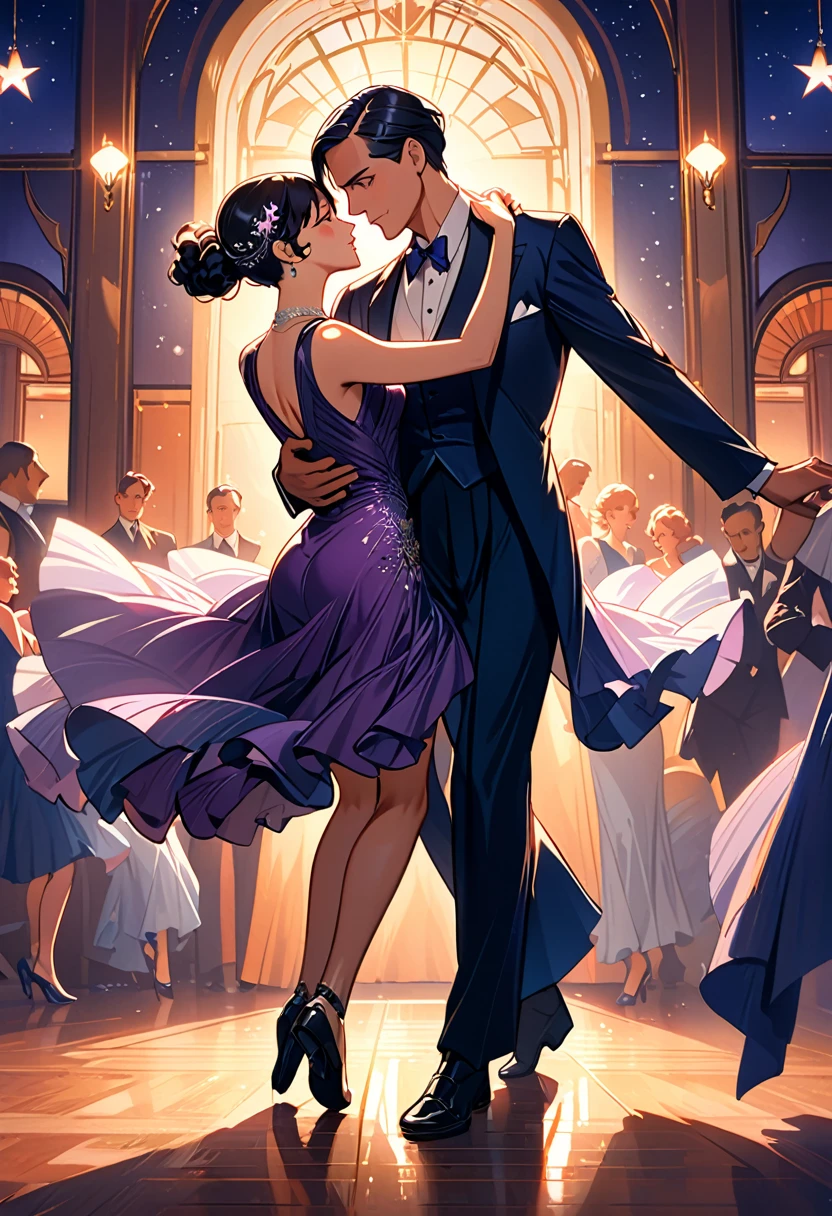 a man and woman dancing tango, art deco ballroom, 1920s, man facing forward, woman facing away from viewer, dancing the tango, woman is wearing a purple long tight dress, small stars are shining in the dark blue sky, dimly lit room, and shadows are cast on the eye sockets, making it impossible to read their expressions, detailed facial features, beautiful dress, formal attire, dramatic lighting, warm color palette, high-quality,