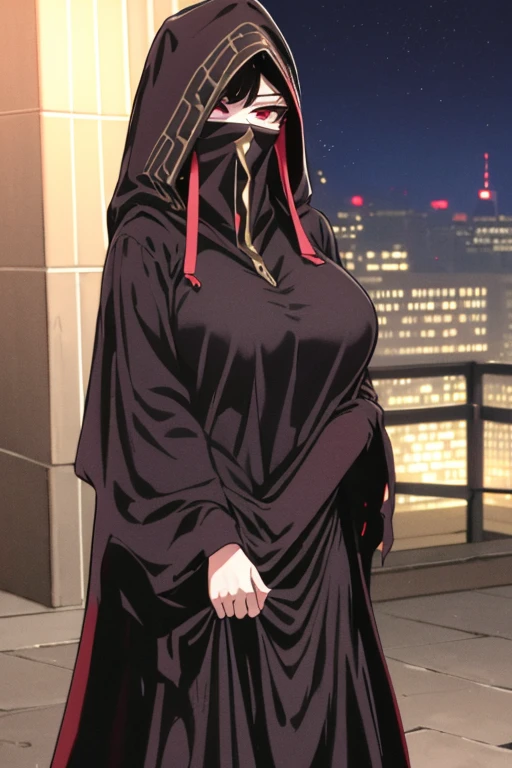 NNAssassinFSF, 1girl, solo, large breasts, black hair, red eyes, long sleeves, dress, hood, long skirt, black dress, cape, black cloak, hood up, black robe, covered mouth, hooded cloak, ((masterpiece,best quality)) cowboy shot, city, park, night