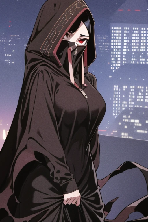 NNAssassinFSF, 1girl, solo, large breasts, black hair, red eyes, long sleeves, dress, hood, long skirt, black dress, cape, black cloak, hood up, black robe, covered mouth, hooded cloak, ((masterpiece,best quality)) cowboy shot, city, park, night