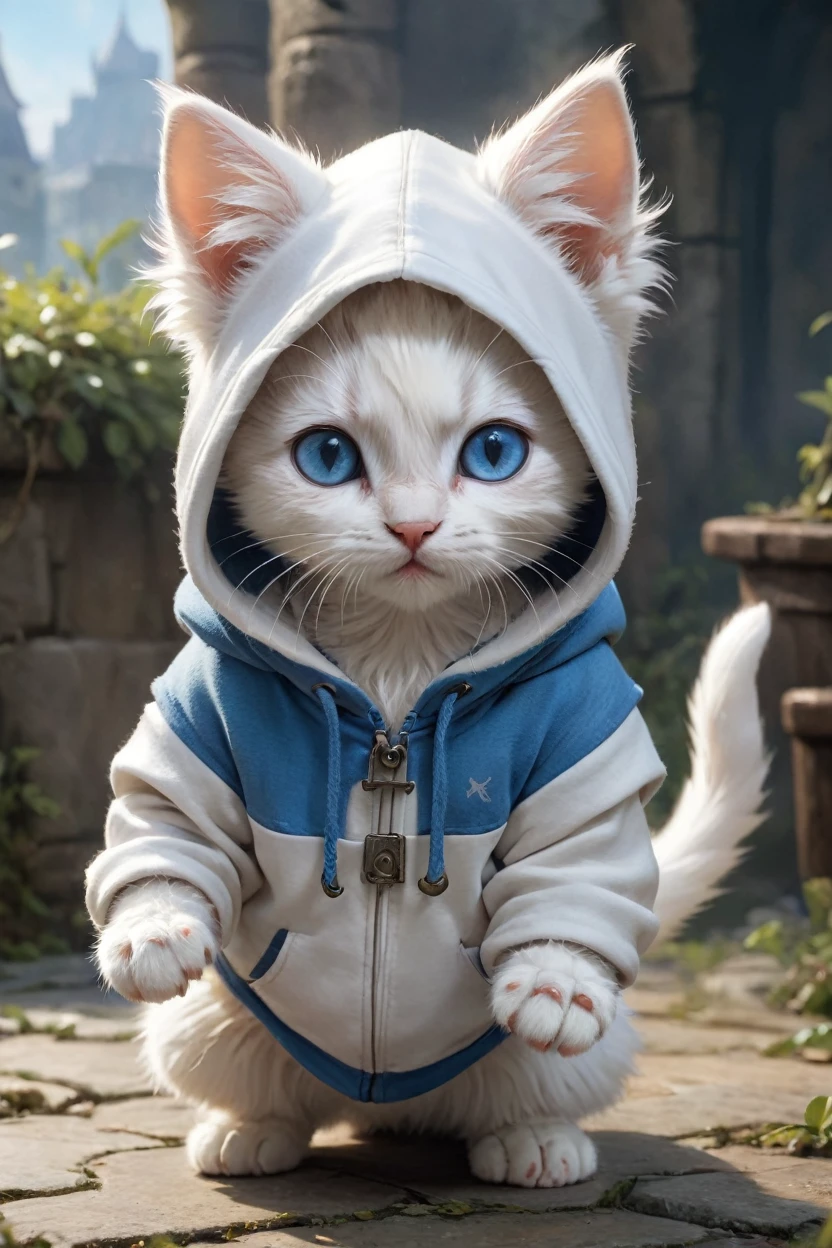 small, かわいいbornき物, Wearing a hoodie, whole body, , Are standing, Costumes, Fantasy art, Exquisite detail, Jean-Baptiste Monge Style, Alan Lee Style, Anthropomorphic blue-eyed white furry kitten, Movie Scenes, Dramatic shot angles, , Realistic, born々Amazing cinematic photorealism, Action Portrait, 8K, detailed, Full Frame