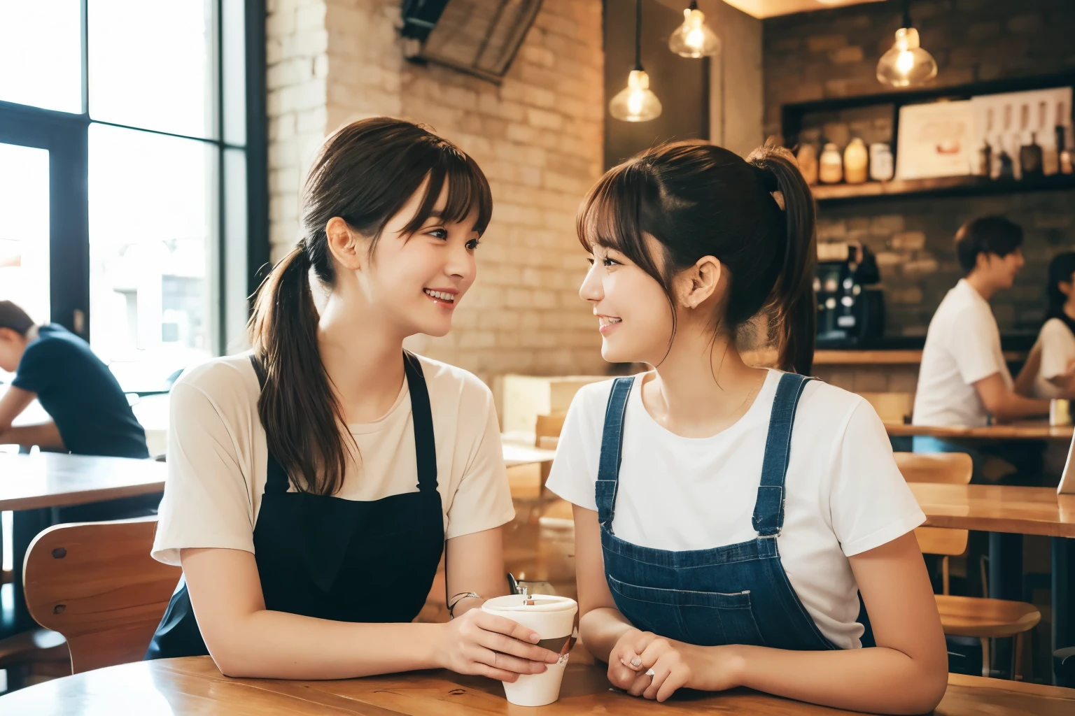 (Two girls and a boy sitting in a cafe:1.1),Coffee and cake,Clothes for girls in their 20s,18-year-old,bangs,smile,Shortcuts,Low Ponytail,From below,Front light,Gazing at each other,