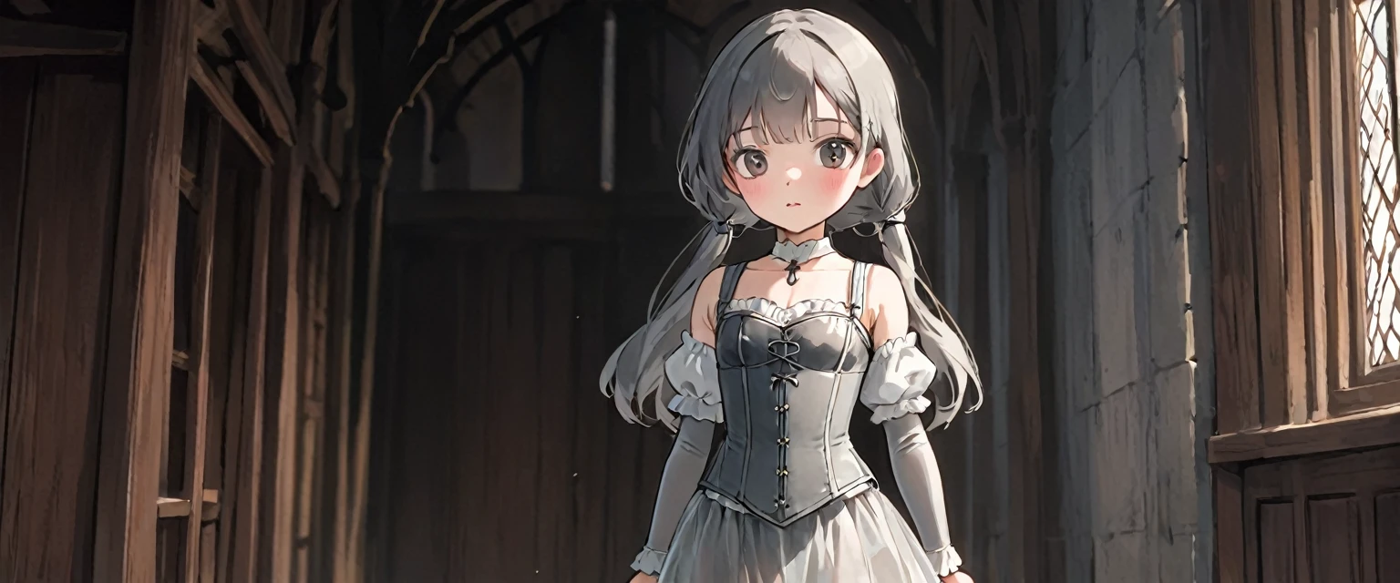 8 year old medieval girl, underwear姿、Translucent knee-length drawers（underwear）Wearing、Wearing a semi-transparent corset、Translucent slip, Grey translucent tights